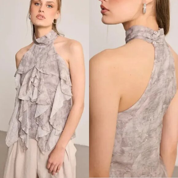 Parker Women's Silky Ruffle Blouse Light Gray Size S 26544 - Picture 2 of 9